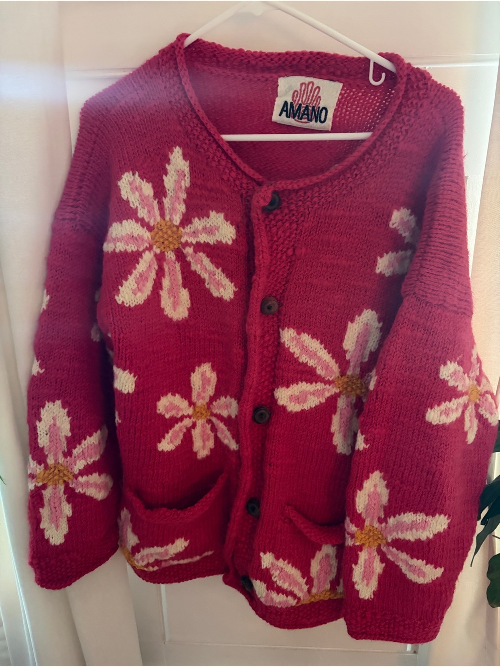 Vtg Amano 100% Wool Women's Pink daisy Chunky Knit Cardigan Sweater Size S/M